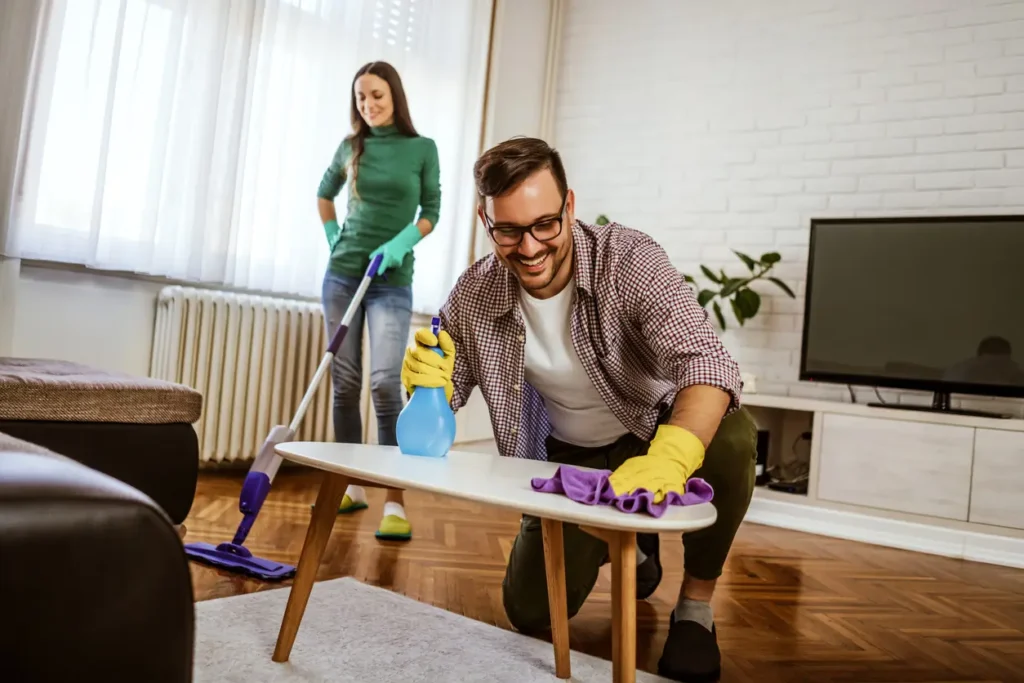 pareja sonriente limpiando su hogar
