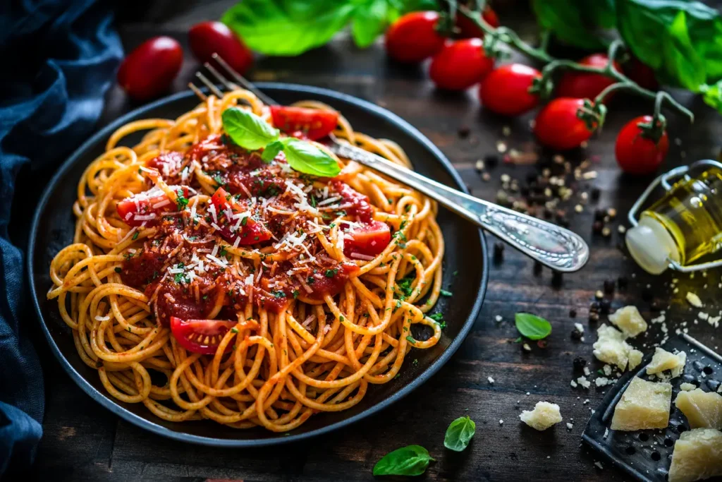 Pasta con salsa de tomate y albahaca