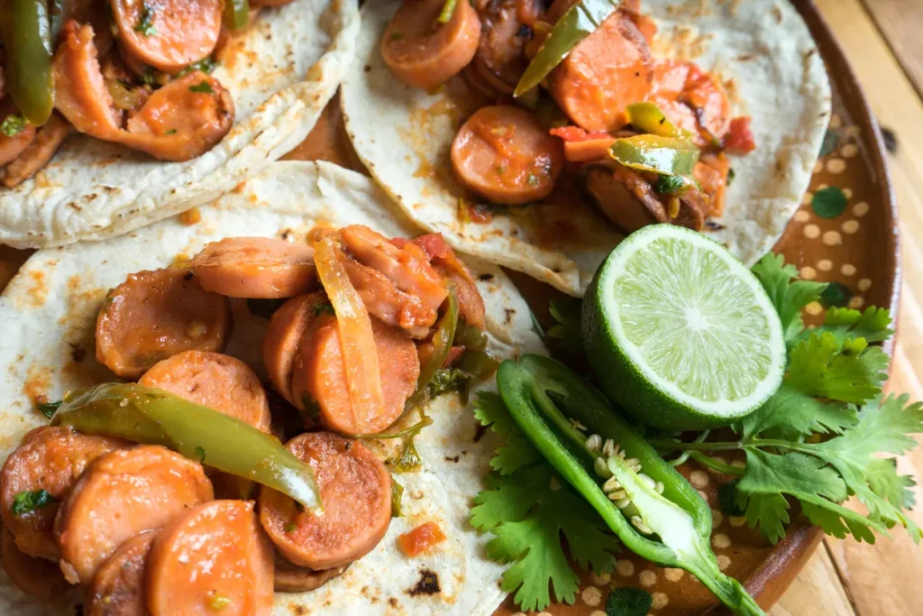 sabrosos tacos de salchica con salsa