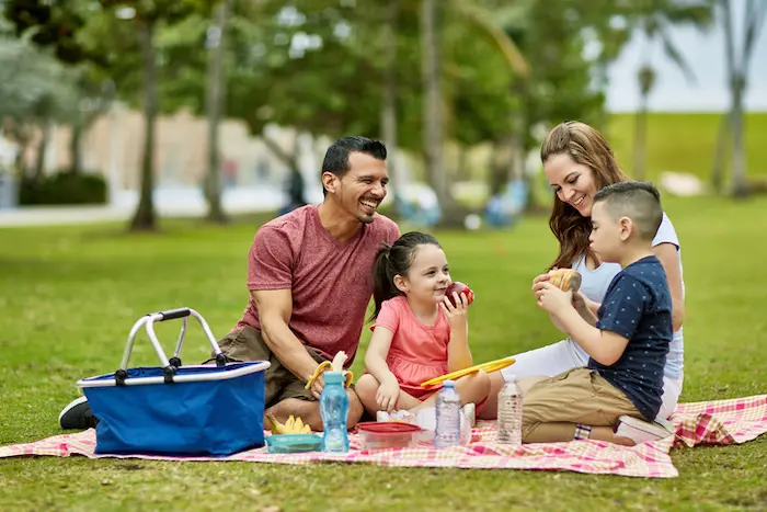familia disfrutando de un picnic de primavera